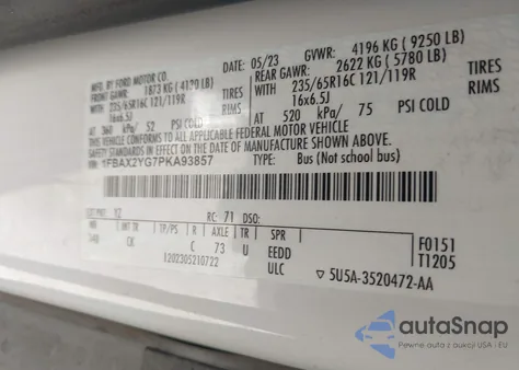 2023 Ford Transit-350 Passenger Van Xlt из США, поврежденный, VIN 1FBAX2YG7PKA93857